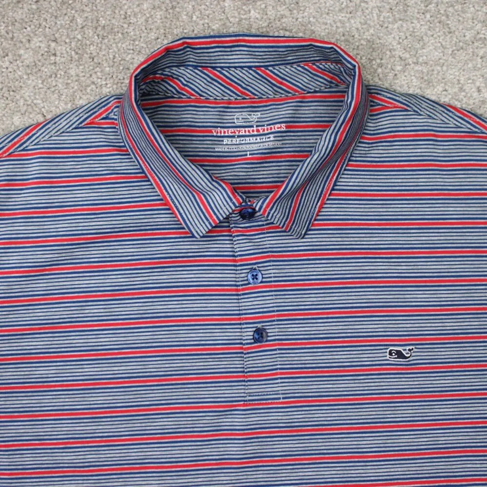 Vineyard Vines Performance Polo Shirt Mens Large Red/Blue Striped Stretch S/S - Picture 6 of 14